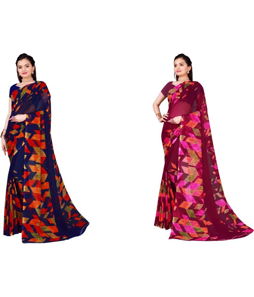     			Vkaran Cotton Silk Printed Saree With Blouse Piece - Multicolor ( Pack of 2 )