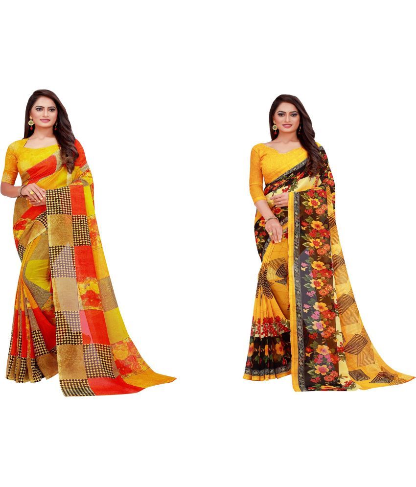     			Vkaran Cotton Silk Printed Saree With Blouse Piece - Multicolor ( Pack of 2 )