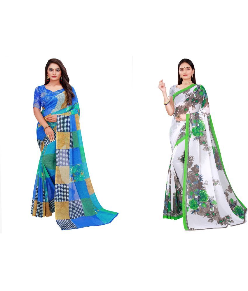     			Vkaran Cotton Silk Printed Saree With Blouse Piece - Multicolor ( Pack of 2 )