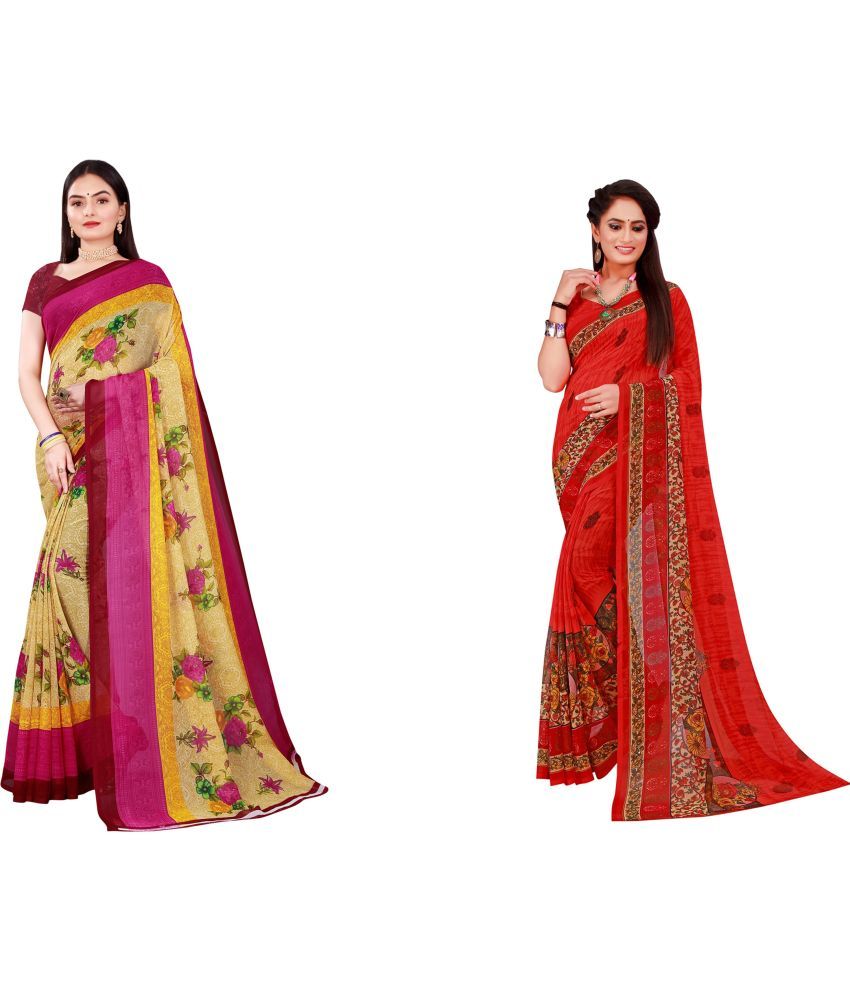     			Vkaran Cotton Silk Printed Saree With Blouse Piece - Multicolor ( Pack of 2 )