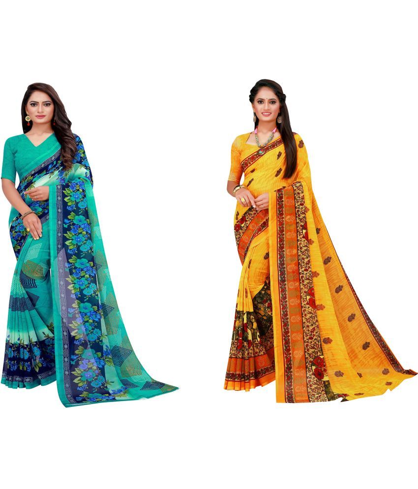     			Vkaran Cotton Silk Printed Saree With Blouse Piece - Multicolor ( Pack of 2 )