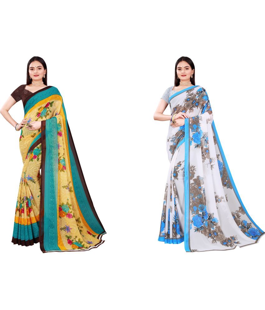     			Vkaran Cotton Silk Printed Saree With Blouse Piece - Multicolor ( Pack of 2 )