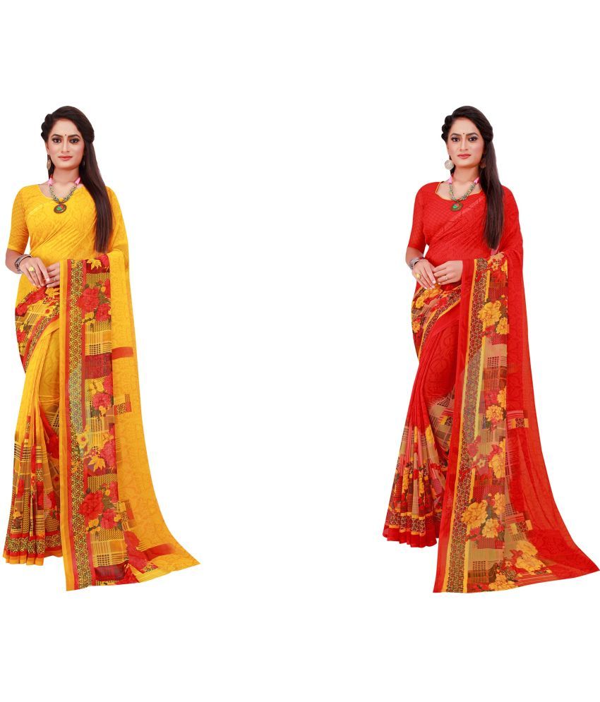     			Vkaran Cotton Silk Printed Saree With Blouse Piece - Multicolor ( Pack of 2 )