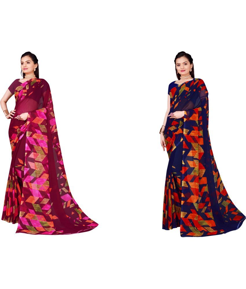     			Vkaran Cotton Silk Printed Saree With Blouse Piece - Multicolor ( Pack of 2 )