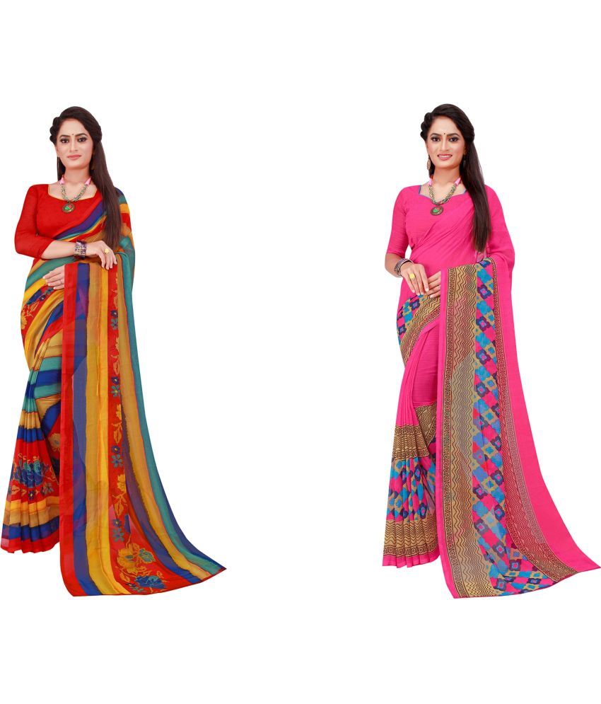     			Vkaran Cotton Silk Printed Saree With Blouse Piece - Multicolor ( Pack of 2 )