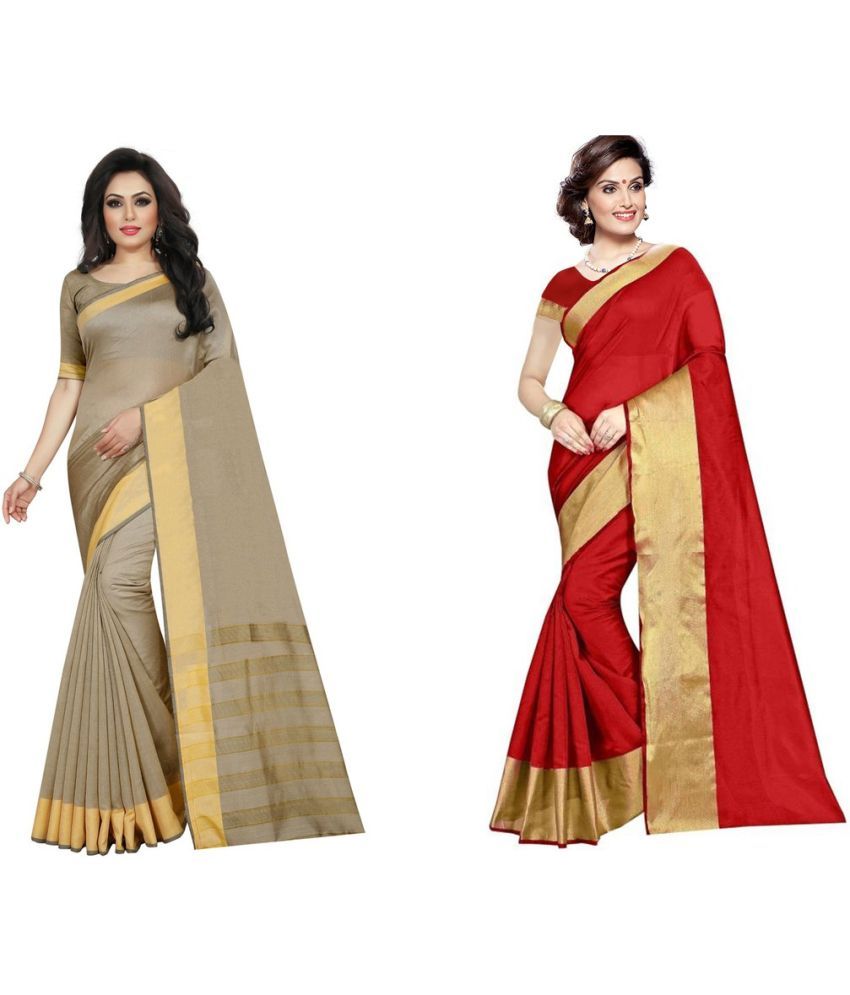     			Vkaran Cotton Silk Printed Saree With Blouse Piece - Multicolor ( Pack of 2 )