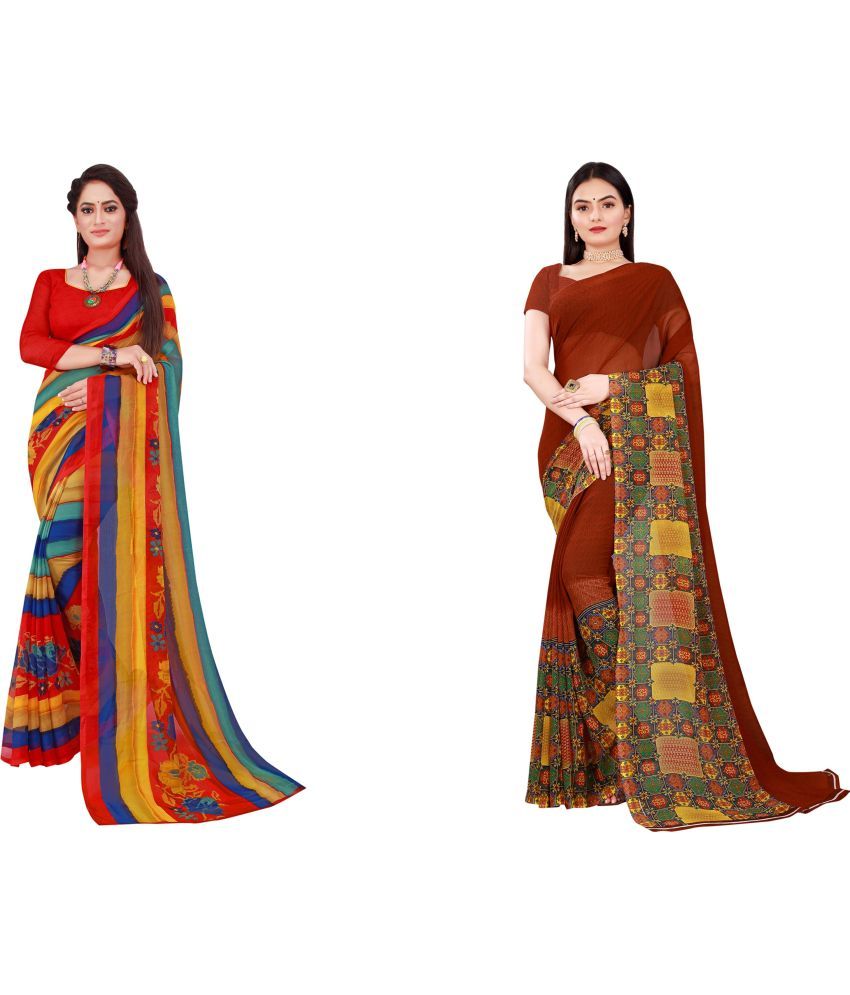     			Vkaran Cotton Silk Printed Saree With Blouse Piece - Multicolor ( Pack of 2 )