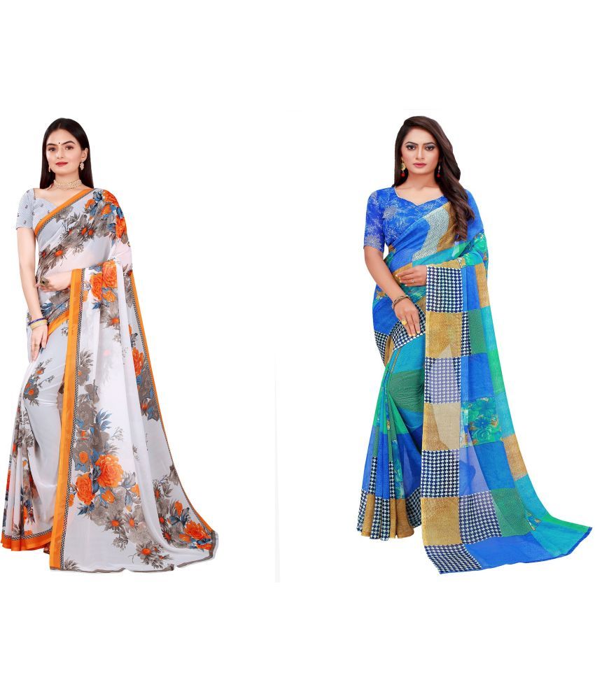     			Vkaran Cotton Silk Printed Saree With Blouse Piece - Multicolor ( Pack of 2 )