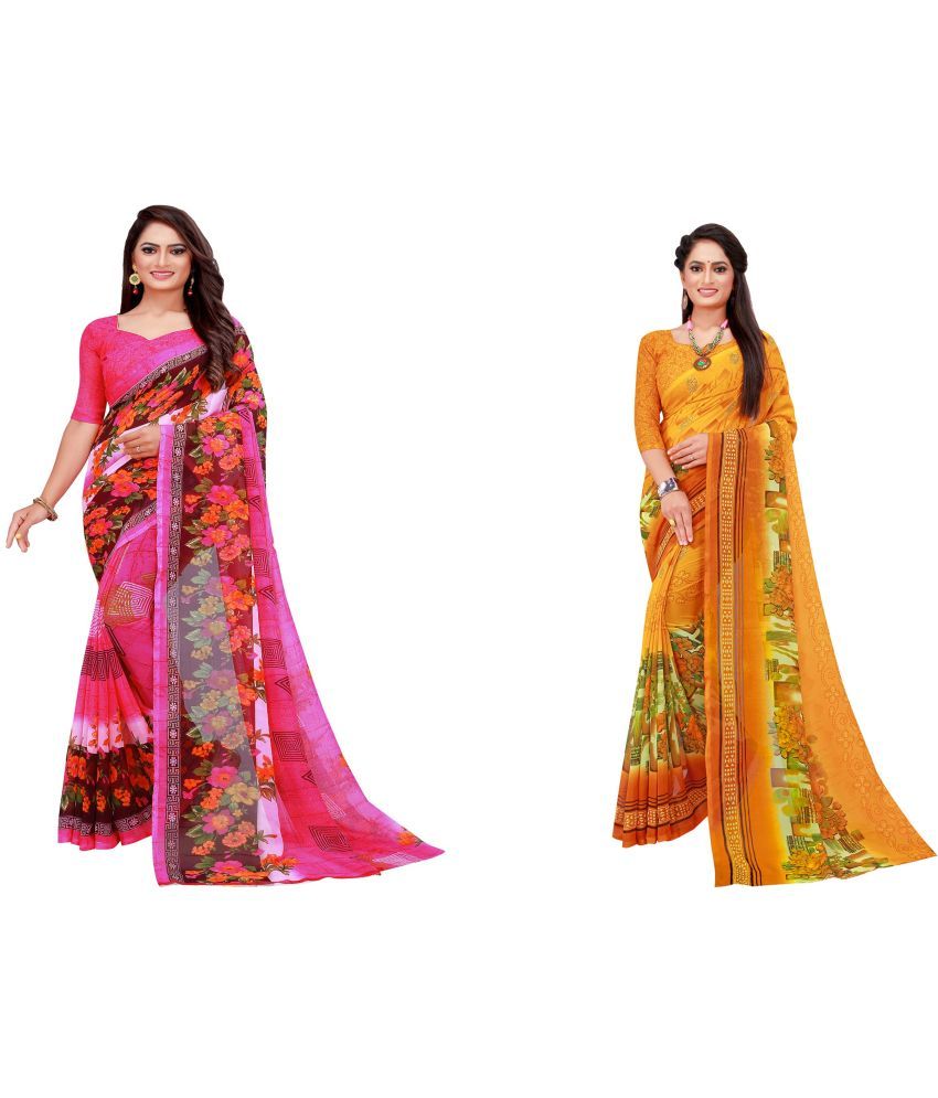     			Vkaran Cotton Silk Printed Saree With Blouse Piece - Multicolor ( Pack of 2 )