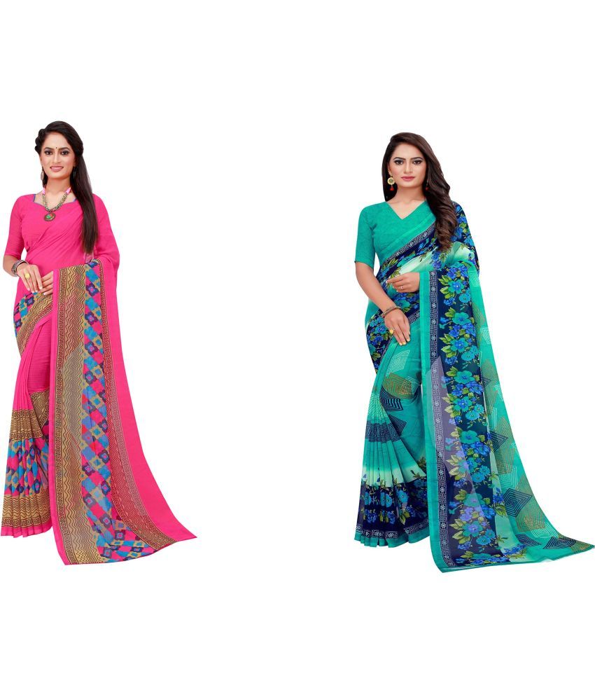     			Vkaran Cotton Silk Printed Saree With Blouse Piece - Multicolor ( Pack of 2 )