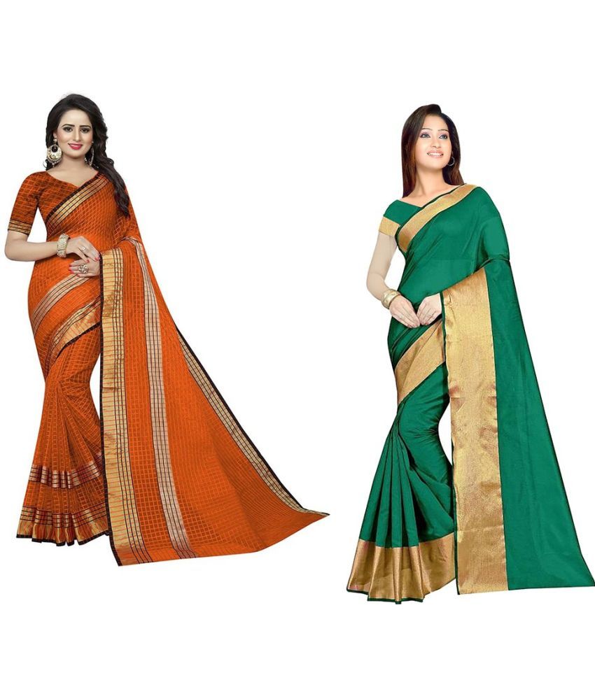     			Vkaran Cotton Silk Printed Saree With Blouse Piece - Multicolor ( Pack of 2 )