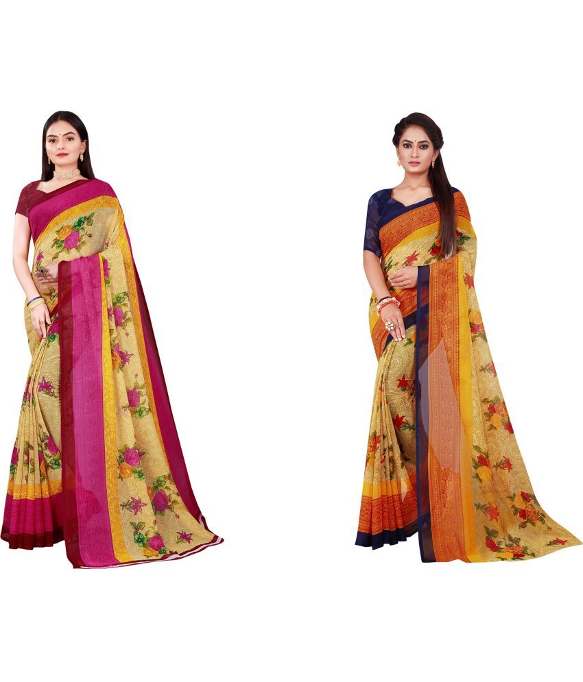     			Vkaran Cotton Silk Printed Saree With Blouse Piece - Multicolor ( Pack of 2 )