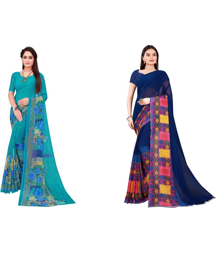     			Vkaran Cotton Silk Printed Saree With Blouse Piece - Multicolor ( Pack of 2 )