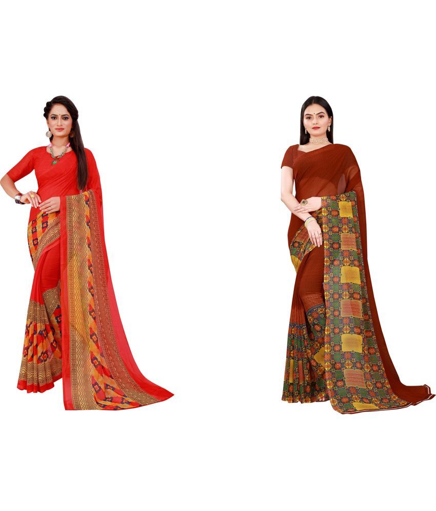     			Vkaran Cotton Silk Printed Saree With Blouse Piece - Multicolor ( Pack of 2 )