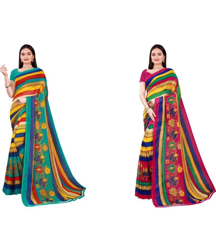     			Vkaran Cotton Silk Printed Saree With Blouse Piece - Multicolor ( Pack of 2 )