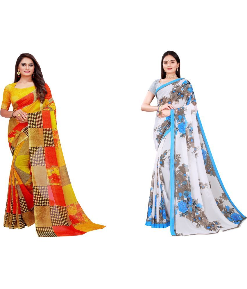     			Vkaran Cotton Silk Printed Saree With Blouse Piece - Multicolor ( Pack of 2 )