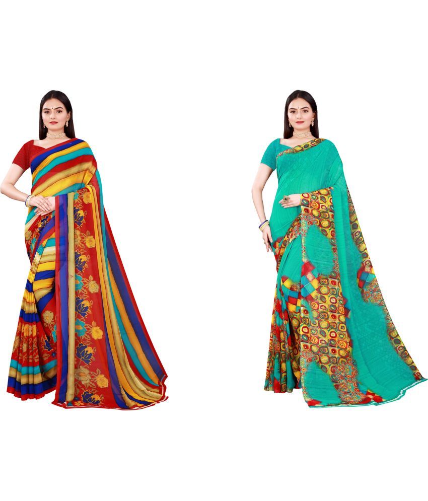     			Vkaran Cotton Silk Printed Saree With Blouse Piece - Multicolor ( Pack of 2 )