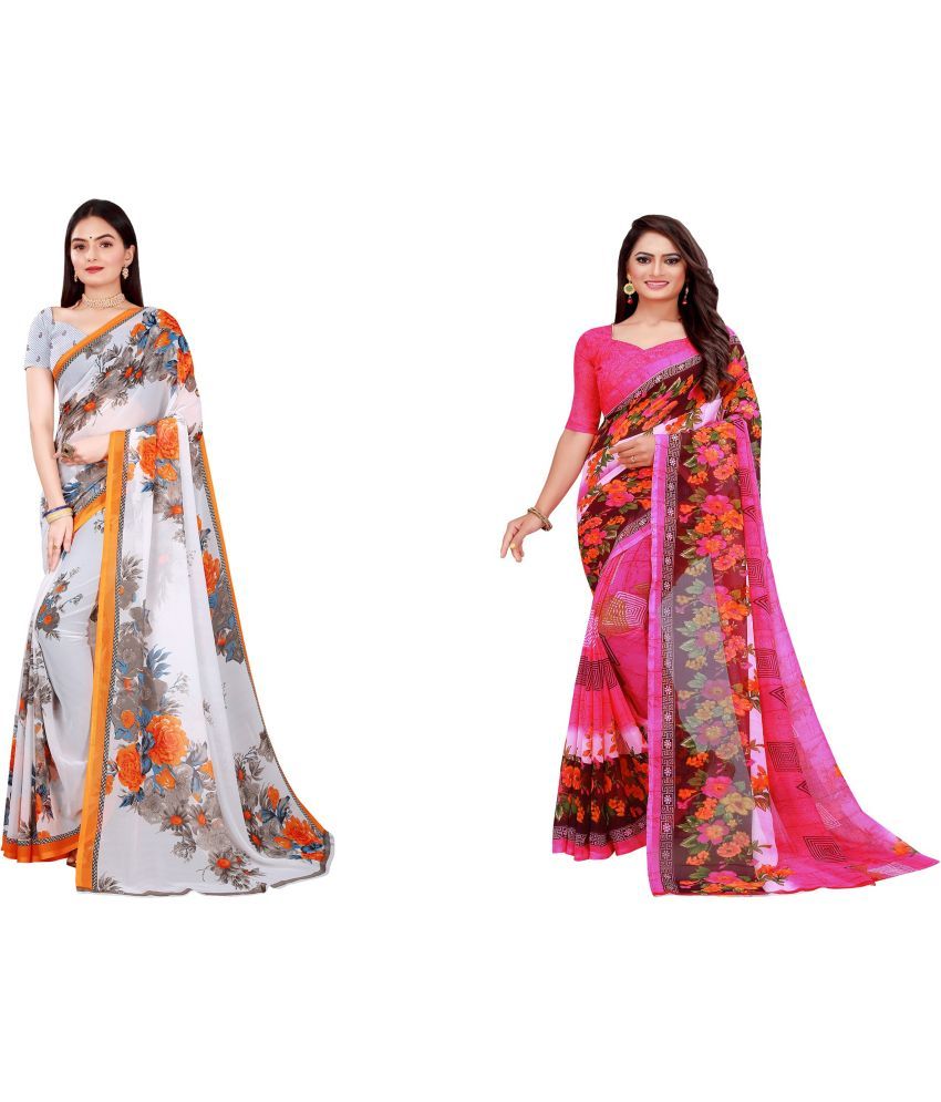     			Vkaran Cotton Silk Printed Saree With Blouse Piece - Multicolor ( Pack of 2 )