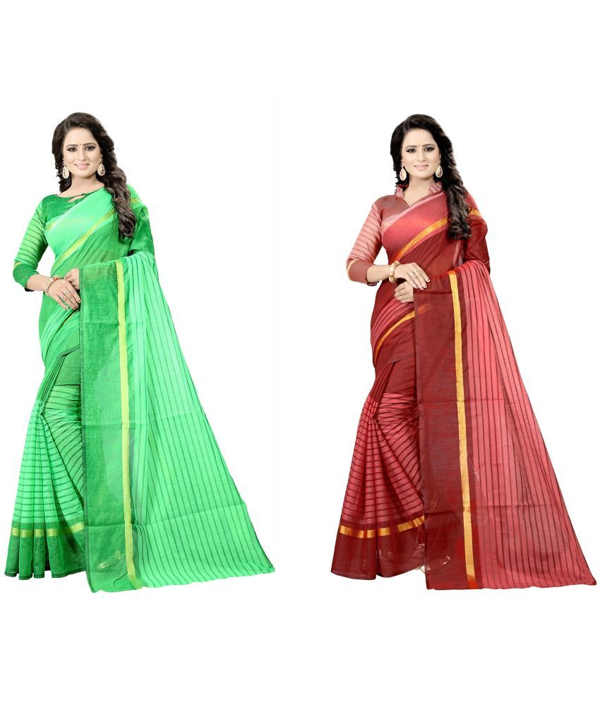     			Vkaran Cotton Silk Printed Saree With Blouse Piece - Multicolor ( Pack of 2 )