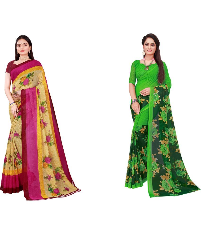     			Vkaran Cotton Silk Printed Saree With Blouse Piece - Multicolor ( Pack of 2 )