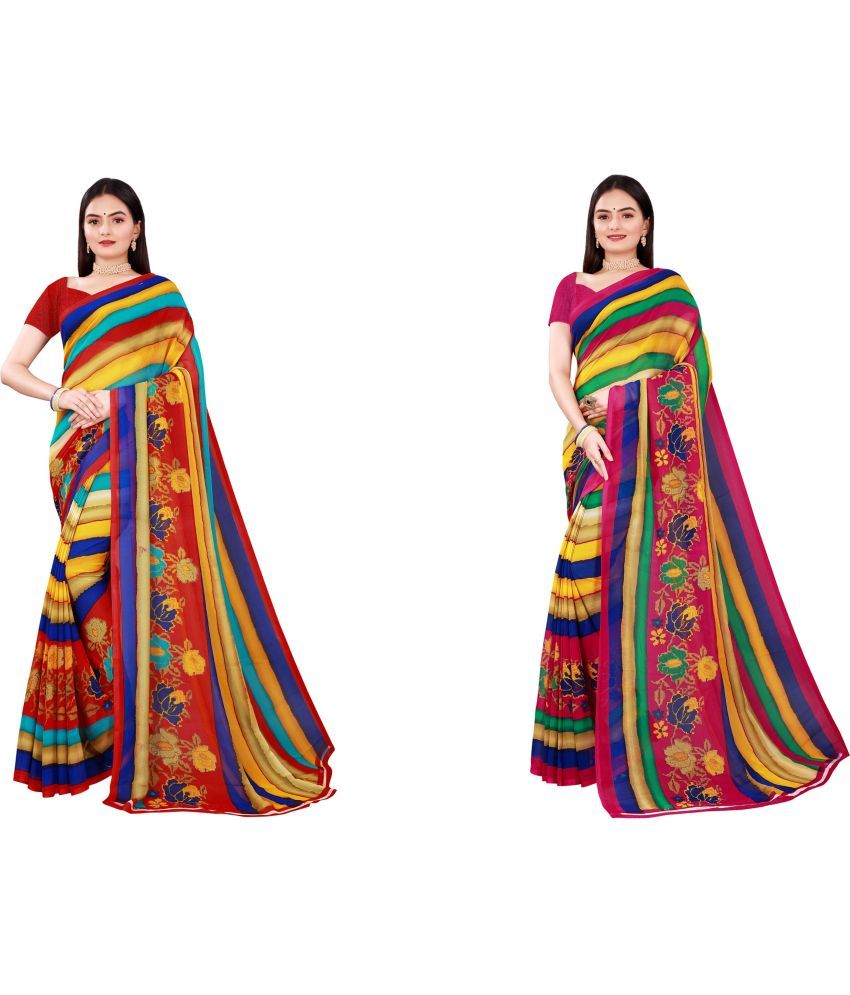     			Vkaran Cotton Silk Printed Saree With Blouse Piece - Multicolor ( Pack of 2 )