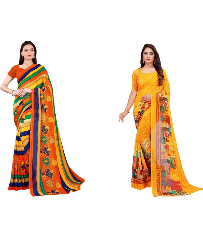     			Vkaran Cotton Silk Printed Saree With Blouse Piece - Multicolor ( Pack of 2 )