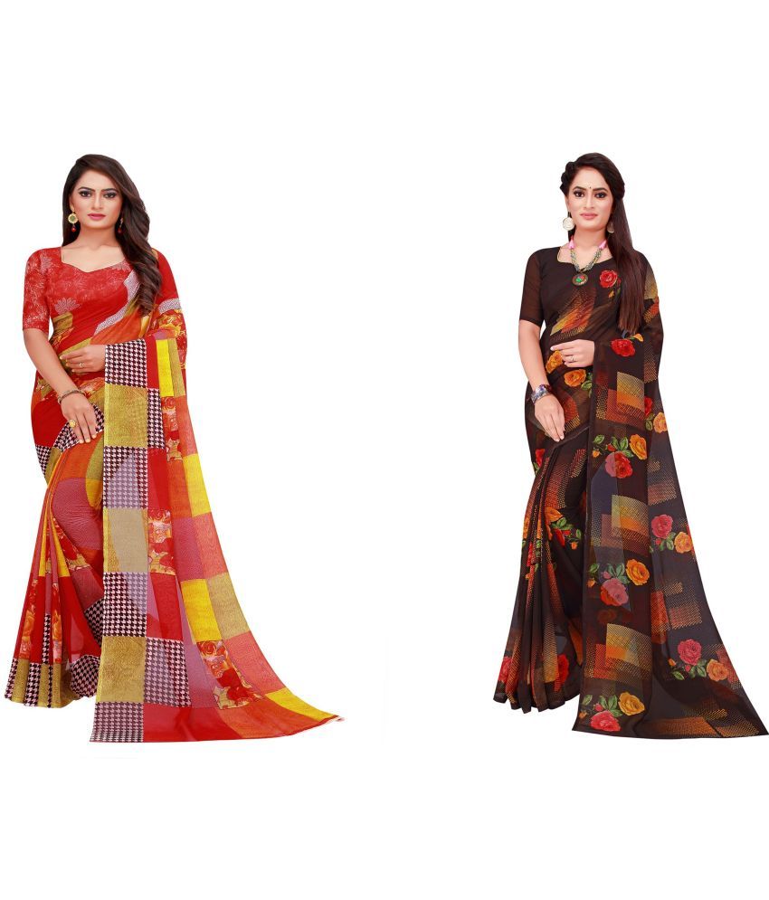     			Vkaran Cotton Silk Printed Saree With Blouse Piece - Multicolor ( Pack of 2 )