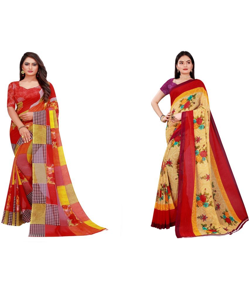     			Vkaran Cotton Silk Printed Saree With Blouse Piece - Multicolor ( Pack of 2 )