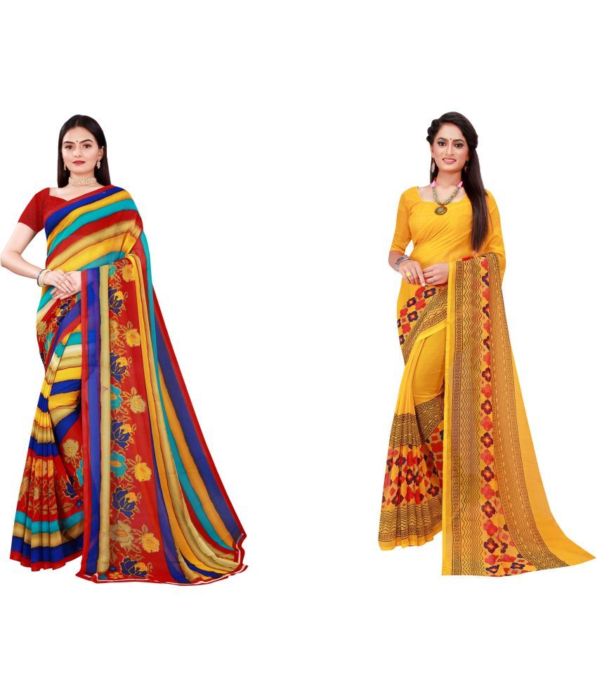     			Vkaran Cotton Silk Printed Saree With Blouse Piece - Multicolor ( Pack of 2 )