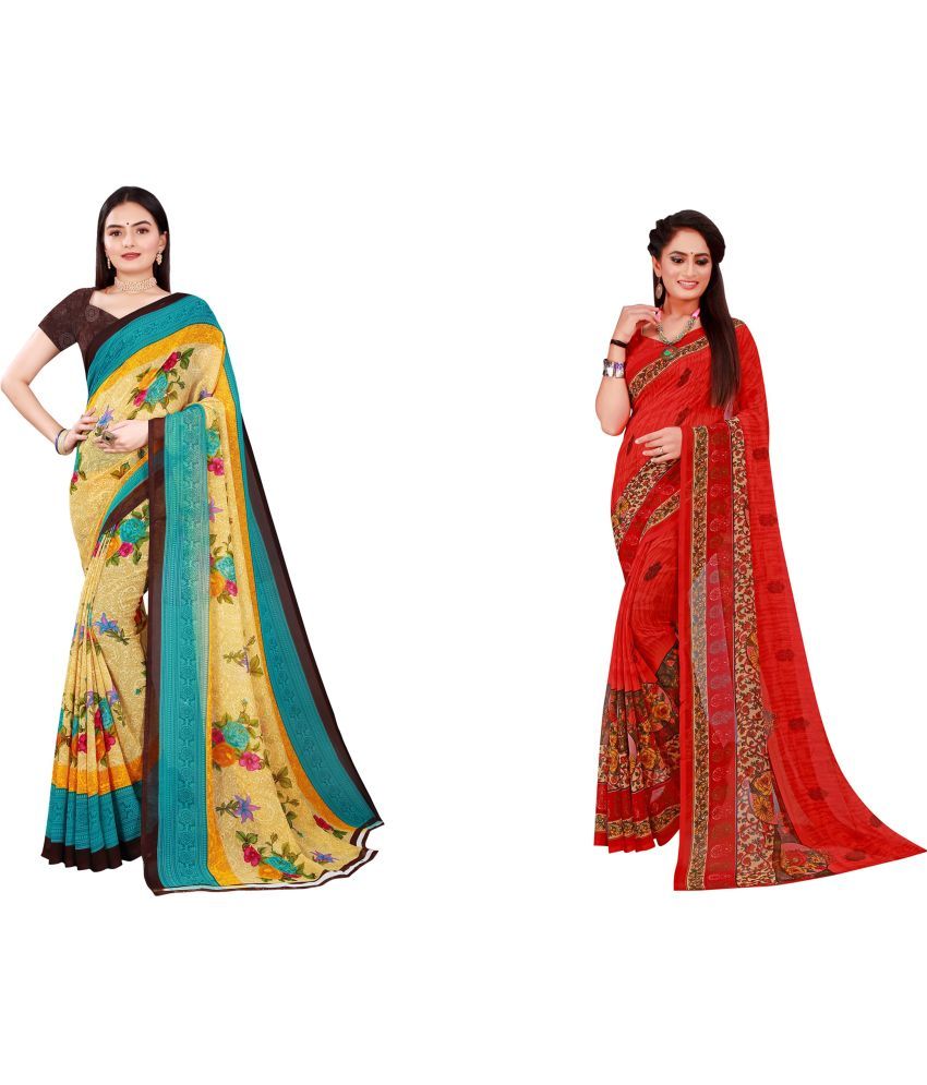     			Vkaran Cotton Silk Printed Saree With Blouse Piece - Multicolor ( Pack of 2 )