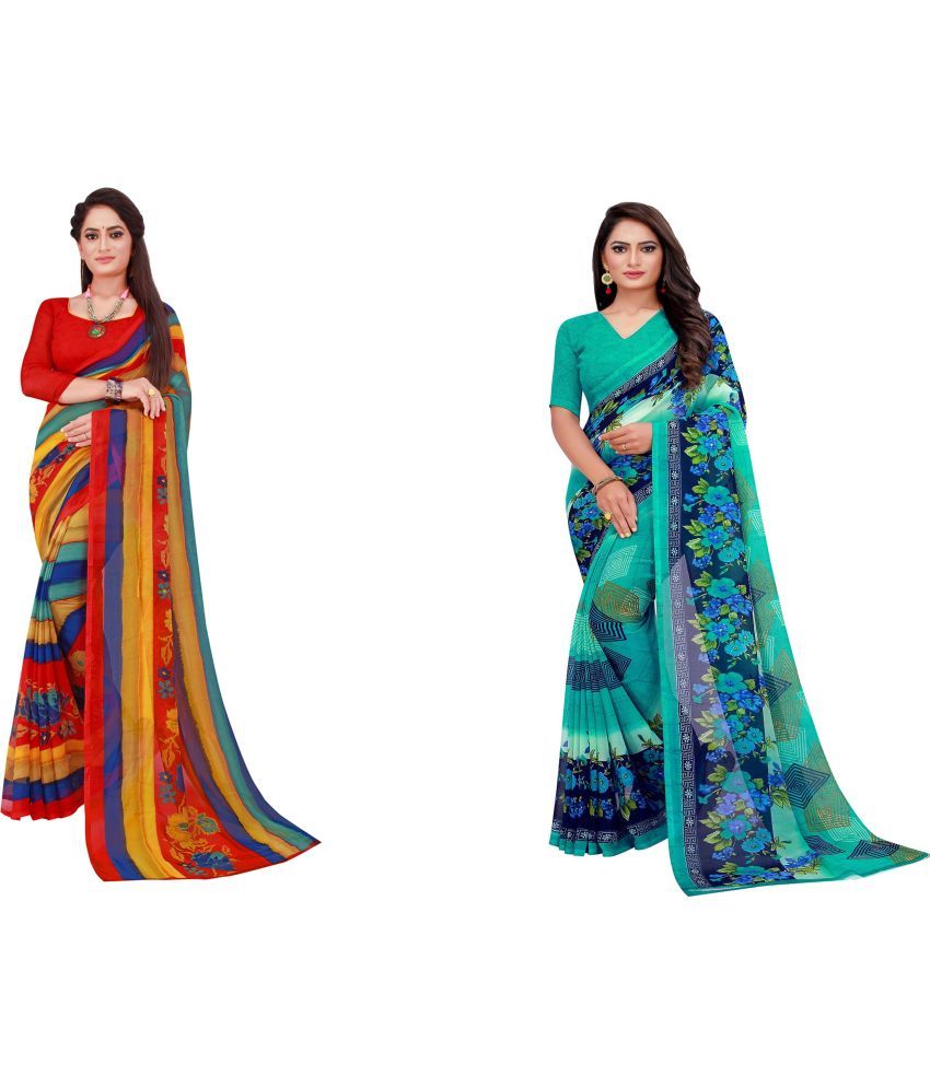     			Vkaran Cotton Silk Printed Saree With Blouse Piece - Multicolor ( Pack of 2 )