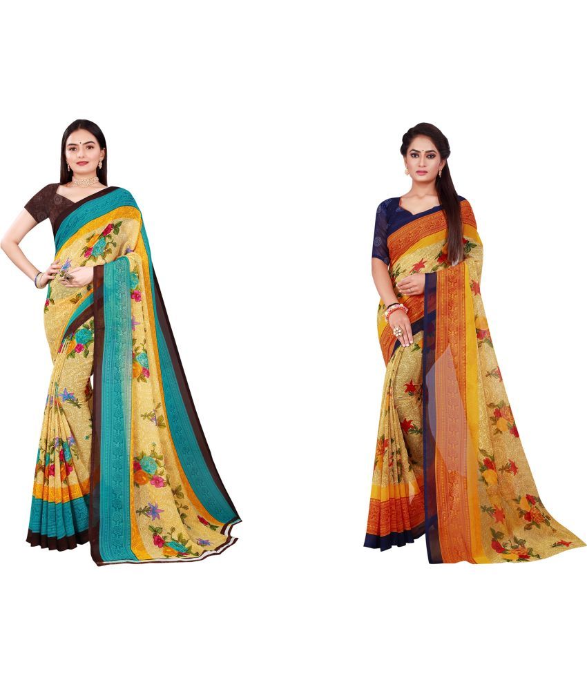     			Vkaran Cotton Silk Printed Saree With Blouse Piece - Multicolor ( Pack of 2 )