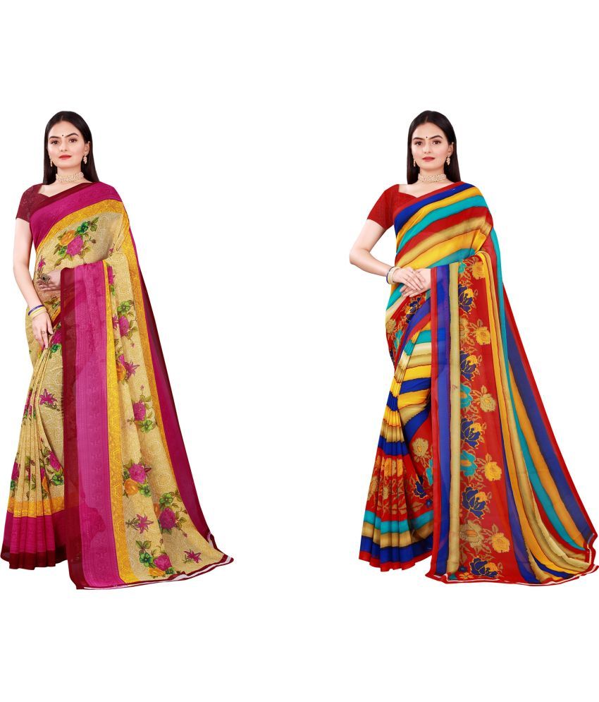     			Vkaran Cotton Silk Printed Saree With Blouse Piece - Multicolor ( Pack of 2 )