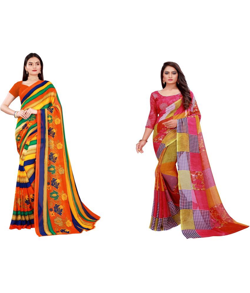     			Vkaran Cotton Silk Printed Saree With Blouse Piece - Multicolor ( Pack of 2 )