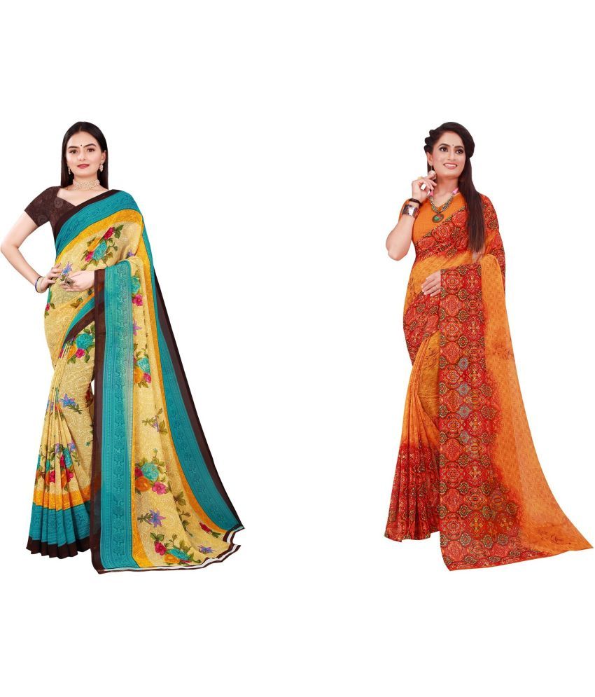     			Vkaran Cotton Silk Printed Saree With Blouse Piece - Multicolor ( Pack of 2 )