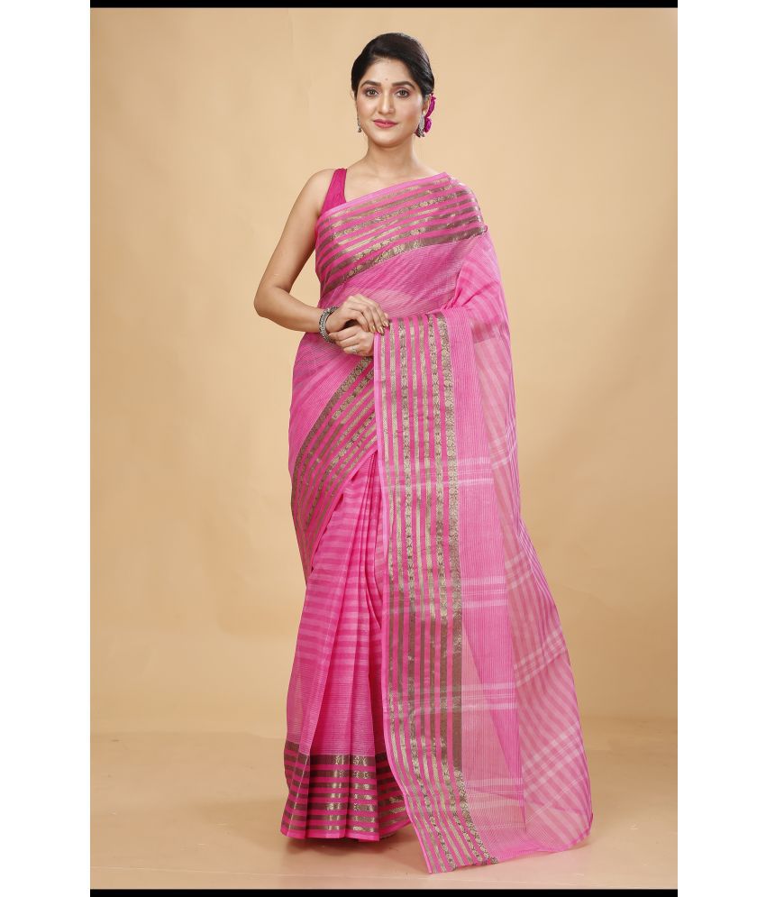     			Happy Creation Cotton Striped Saree Without Blouse Piece - Pink ( Pack of 1 )
