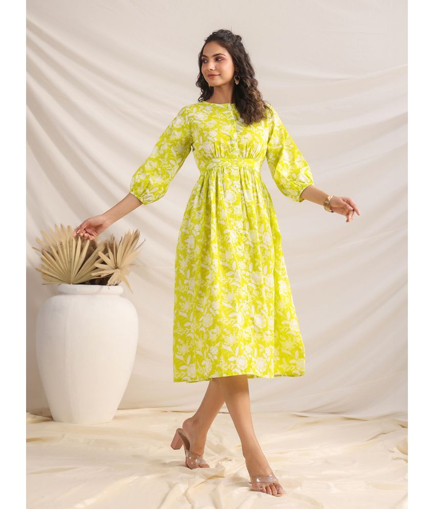     			Janasya Cotton Printed Midi Women's A-line Dress - Lime Green ( Pack of 1 )