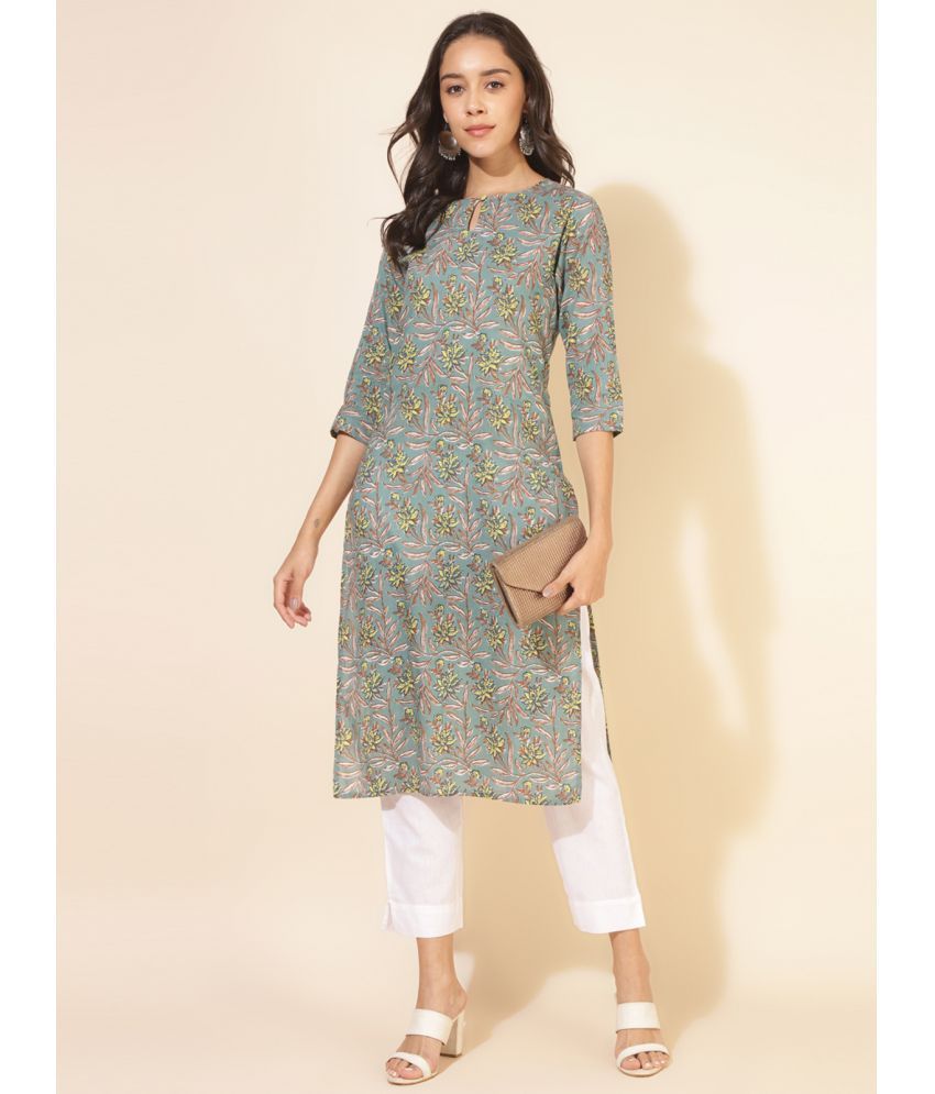     			Janasya Cotton Printed Straight Women's Kurti - Green ( Pack of 1 )