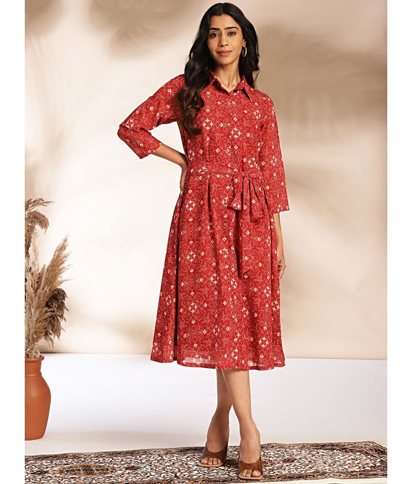     			Janasya Georgette Printed Midi Women's Shirt Dress - Maroon ( Pack of 1 )