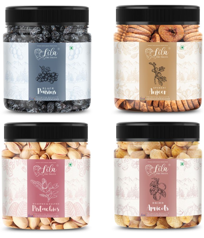     			Lila Dry Fruits Figs(100gm), Pistachios(100gm), Black Raisins(100gm) & Apricots(100 gm)