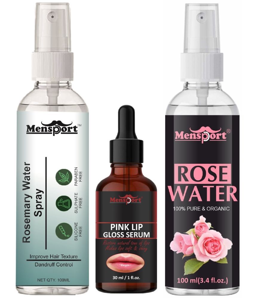     			Mensport Rosemary Water | Hair Spray For Hair Regrowth 100ml, Pink Lip Gloss Serum (Restore Natural Tone of Lips) 30ml & Natural Rose Water 100ml - Set of 3 Items