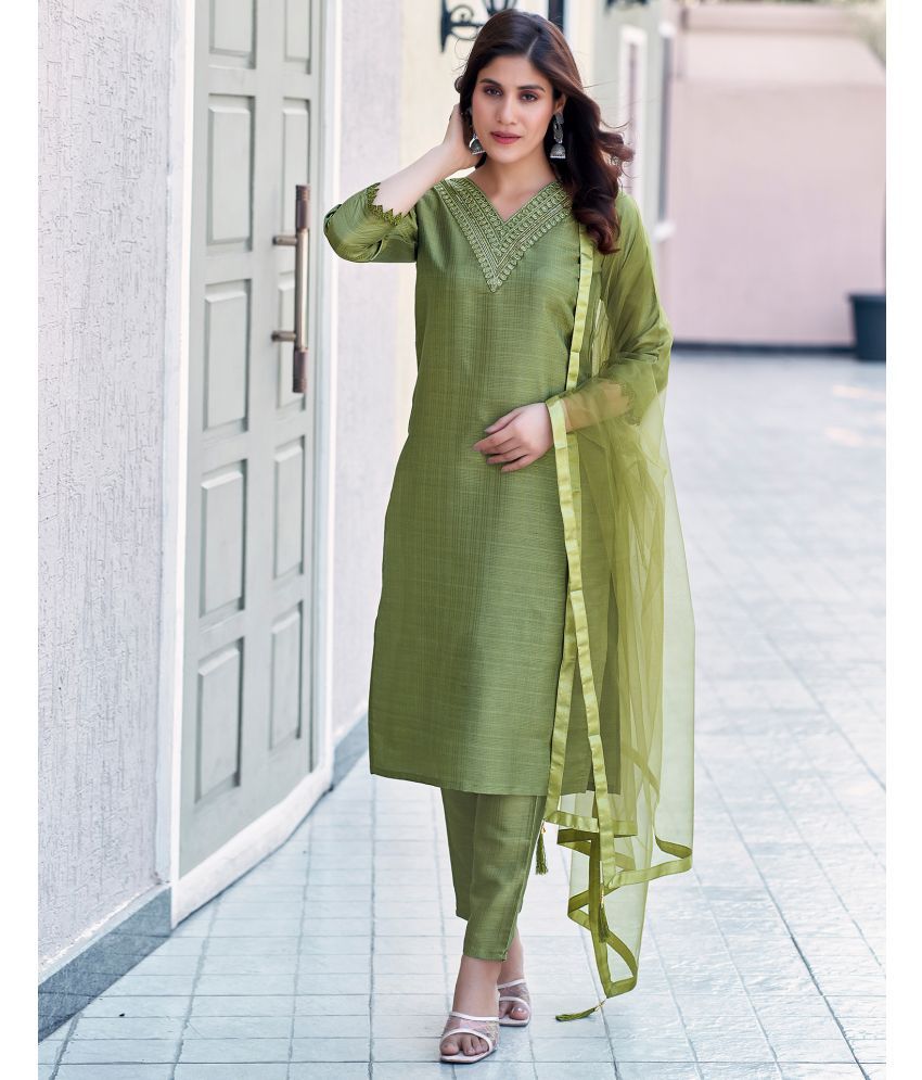     			Skylee Silk Embroidered Kurti With Pants Women's Stitched Salwar Suit - Olive ( Pack of 1 )