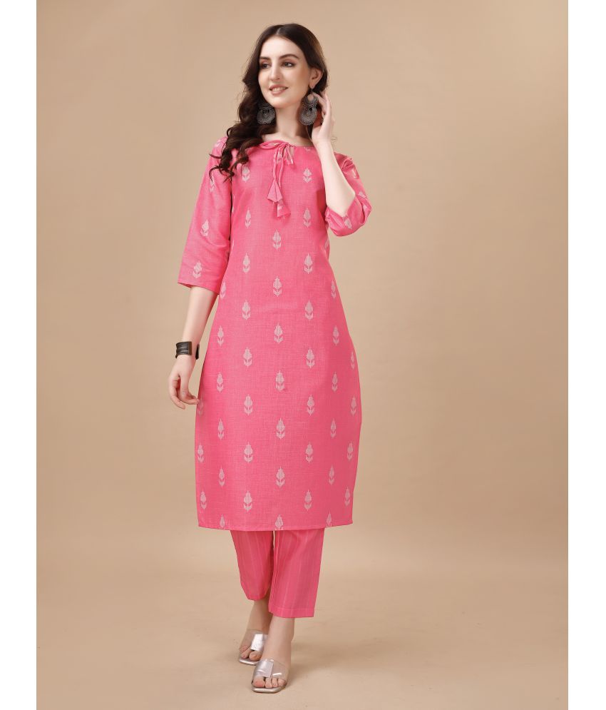     			TRAHIMAM Cotton Blend Printed Kurti With Pants Women's Stitched Salwar Suit - Pink ( Pack of 1 )