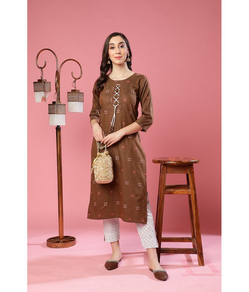    			TRAHIMAM Cotton Blend Printed Kurti With Pants Women's Stitched Salwar Suit - Brown ( Pack of 1 )
