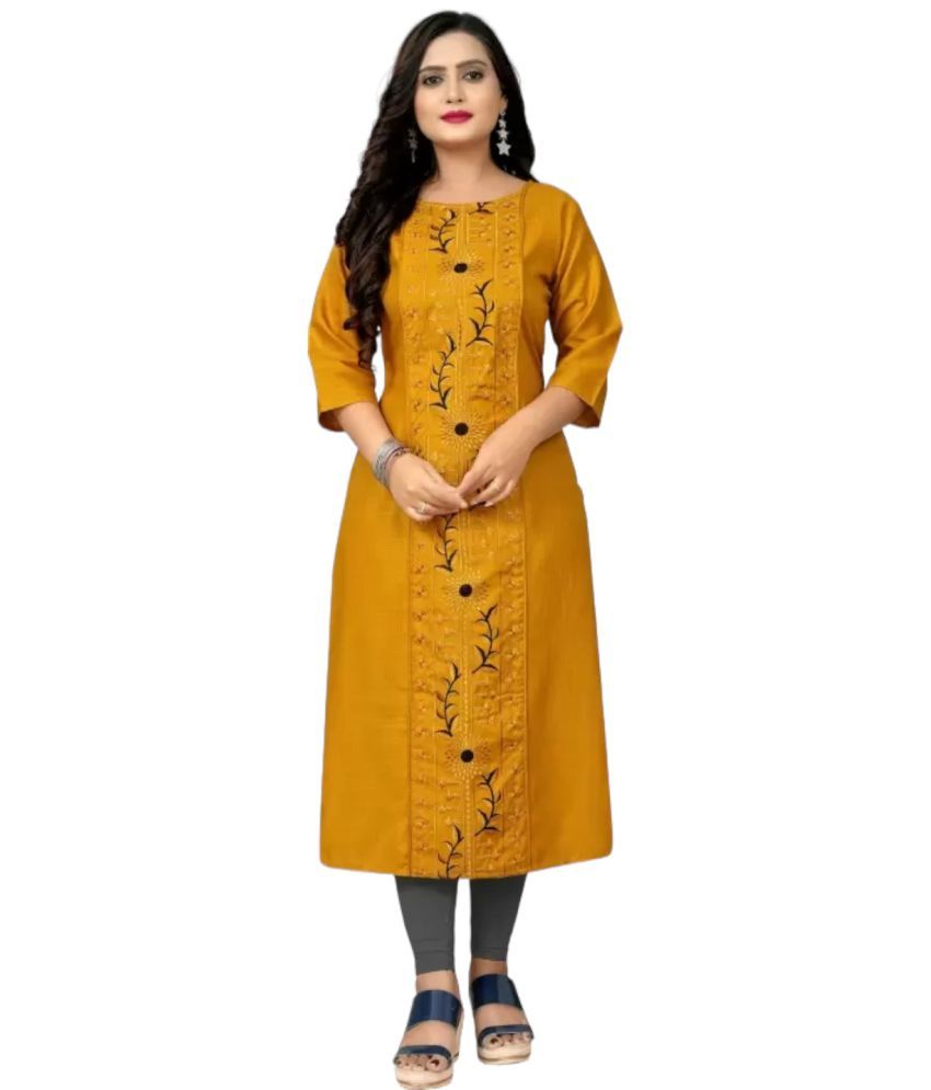     			VINHSCAPE Cotton Blend Embroidered A-line Women's Kurti - Mustard ( Pack of 1 )