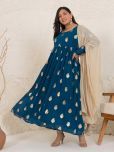 Janasya Georgette Printed Flared Women's Kurti with Dupatta - Teal ( Pack of 1 )