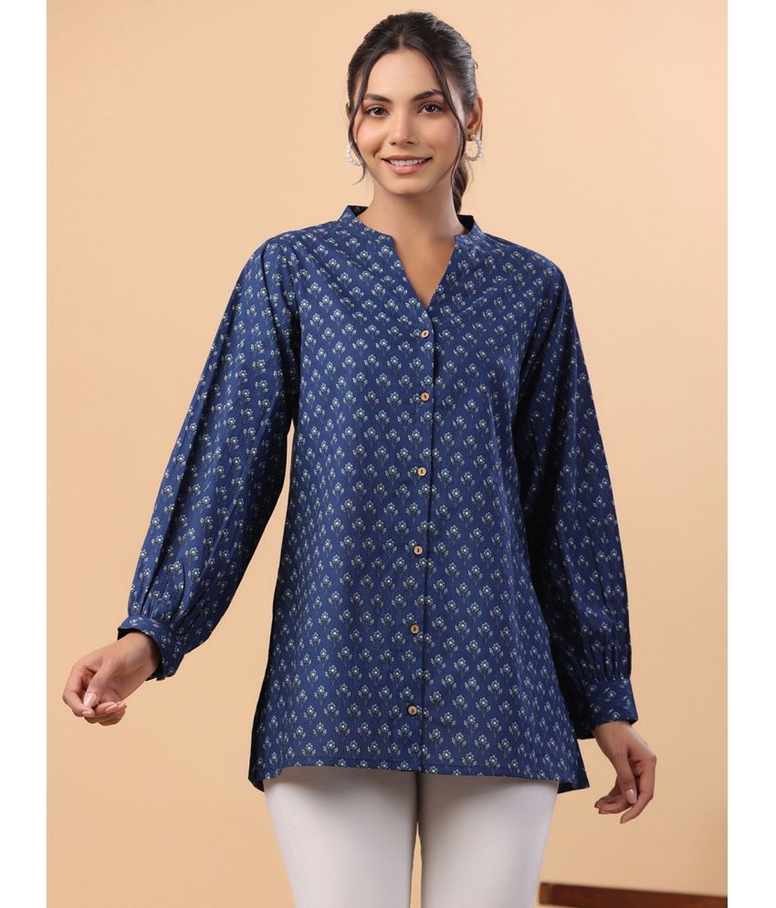     			Janasya Blue Cotton Women's Shirt Style Top ( Pack of 1 )