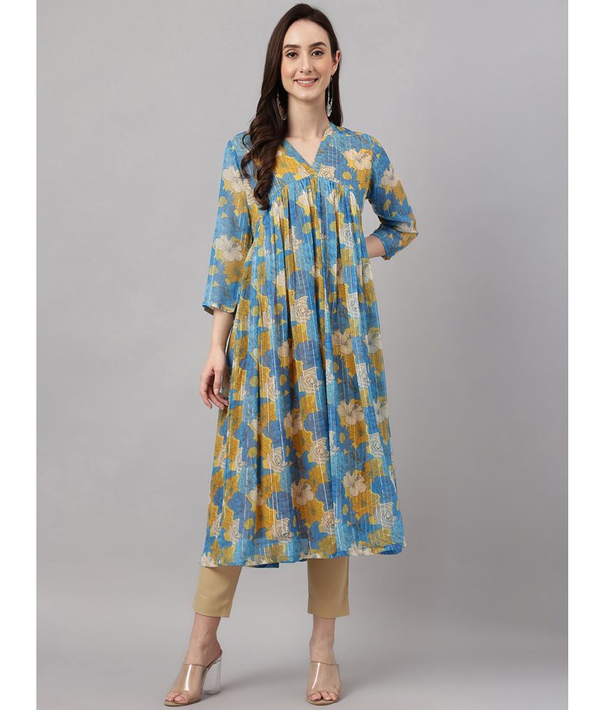     			Janasya Chiffon Printed Flared Women's Kurti - Blue ( Pack of 1 )