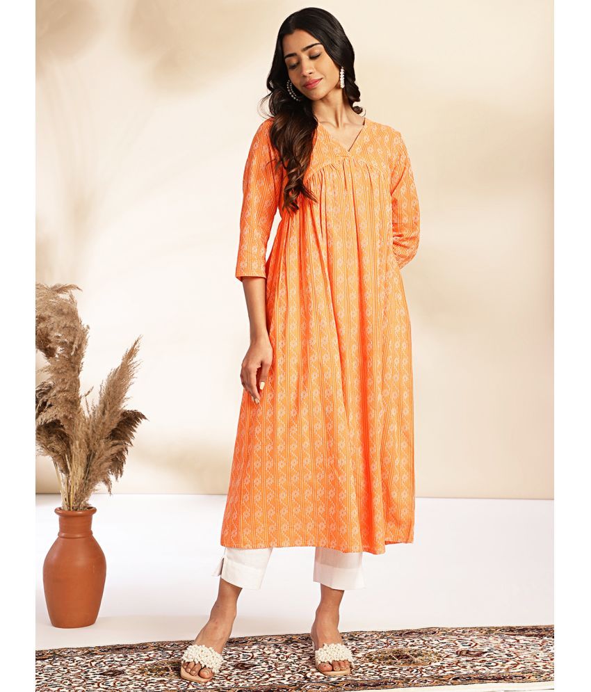     			Janasya Cotton Printed A-line Women's Kurti - Orange ( Pack of 1 )