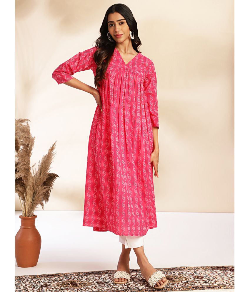     			Janasya Cotton Printed A-line Women's Kurti - Pink ( Pack of 1 )